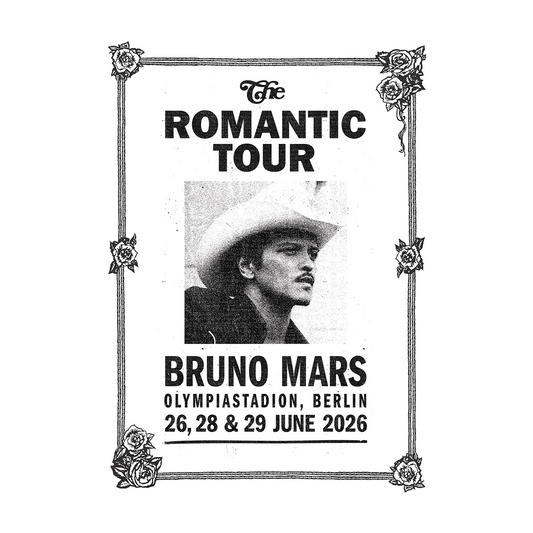 Poster for Bruno Mars' 'The Romantic Tour' with event details for Berlin, Germany.