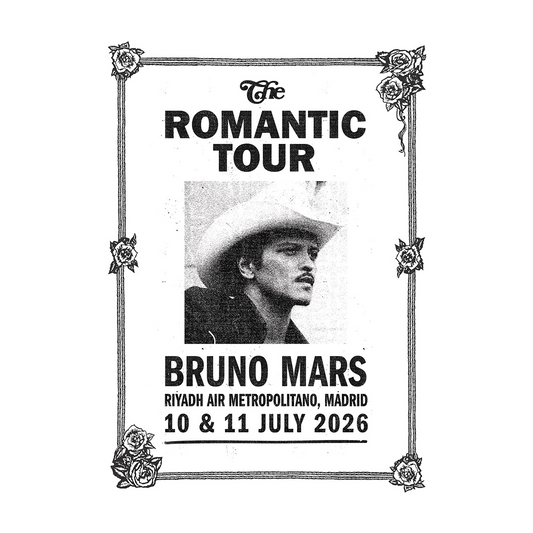Poster for Bruno Mars' 'The Romantic Tour' with event details for Madrid.