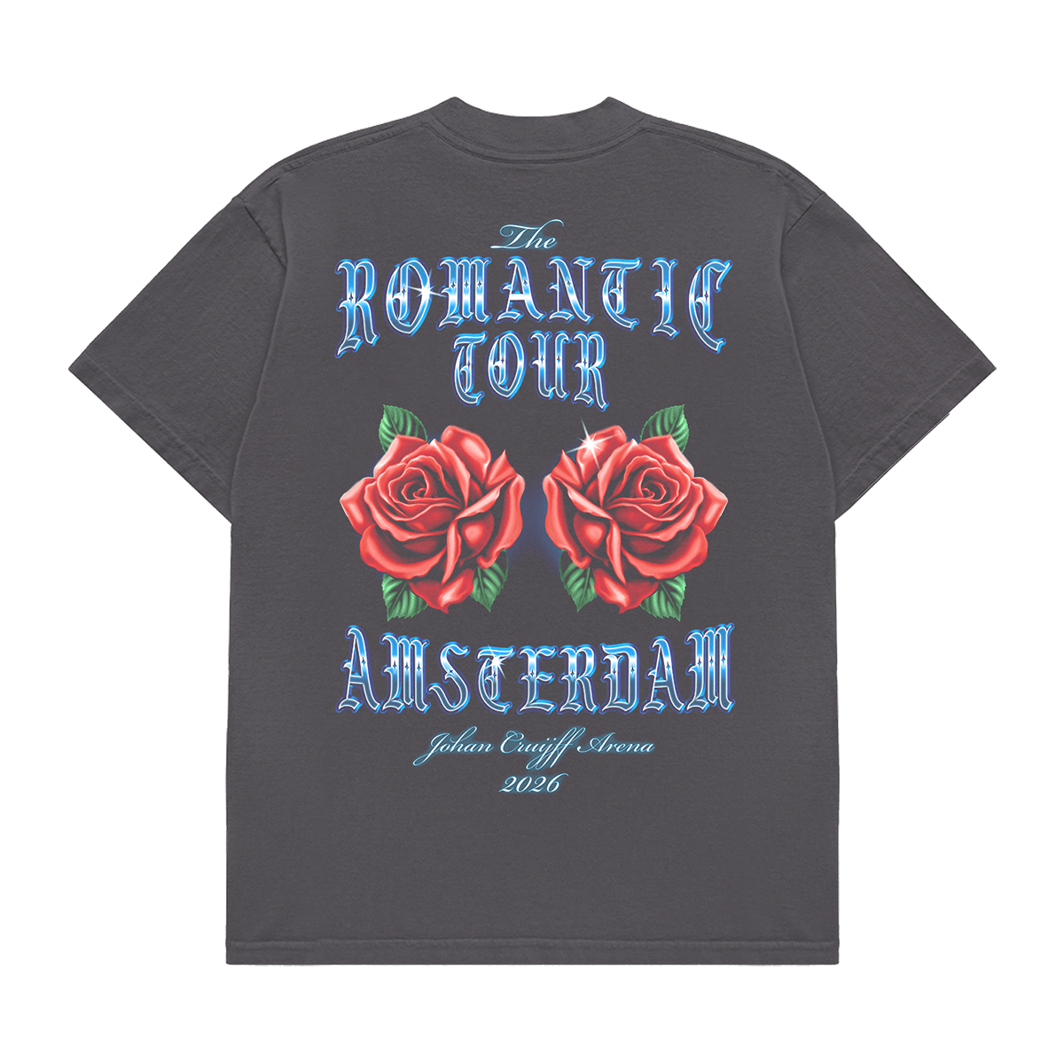 THE ROMANTIC TOUR AMSTERDAM ART PRINTED ON BACK OF A VINTAGE BLACK TEE, UNISEX FIT, 100% COTTON.