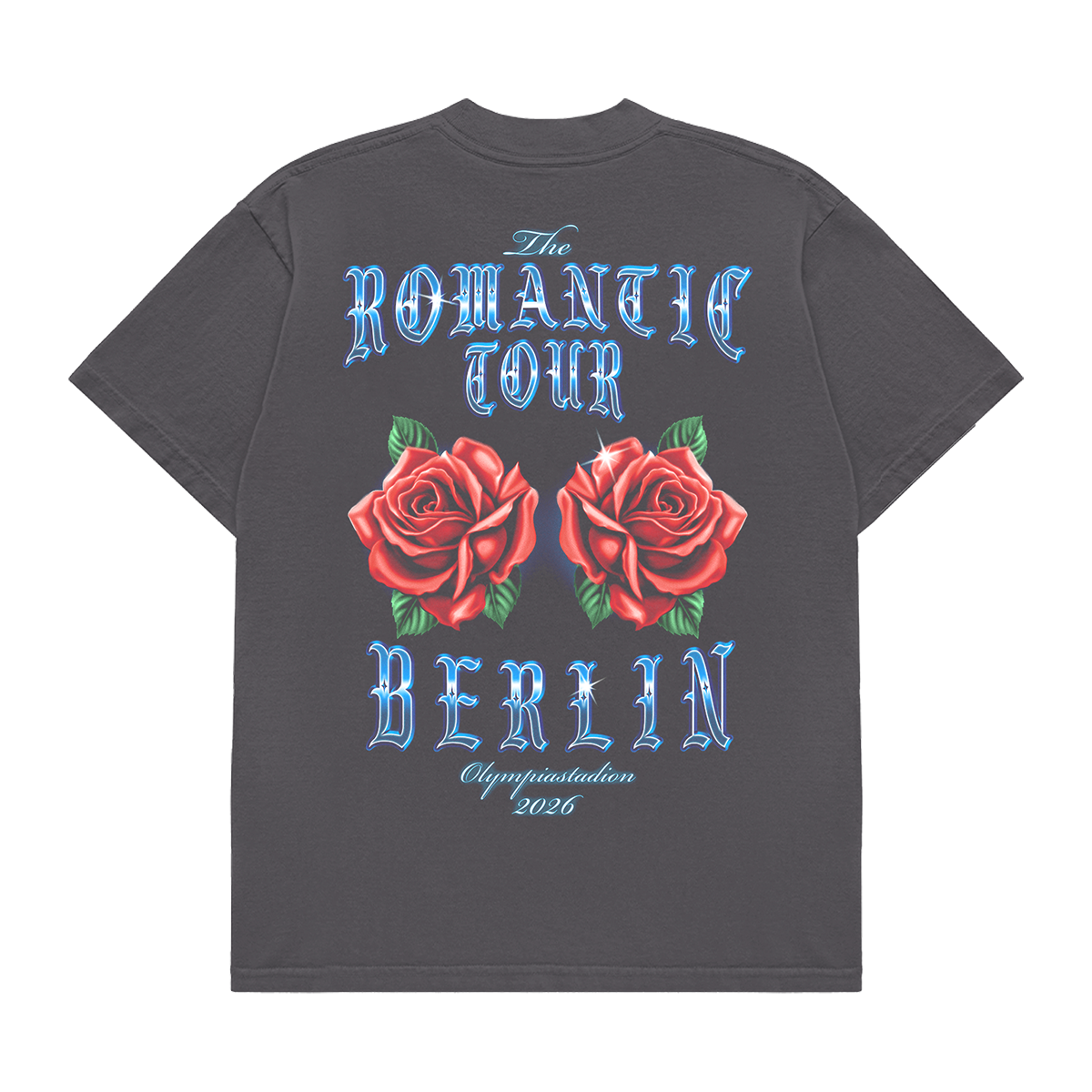 THE ROMANTIC TOUR BERLIN ART PRINTED ON BACK OF A VINTAGE BLACK TEE, UNISEX FIT, 100% COTTON.