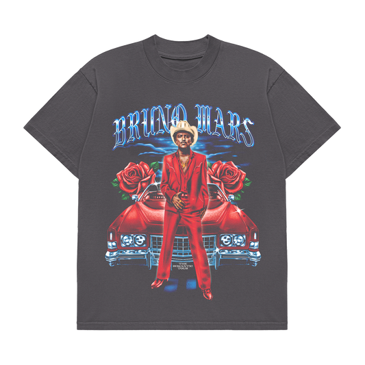 Gray unisex tee featuring Bruno Mars art design with vintage car on front.