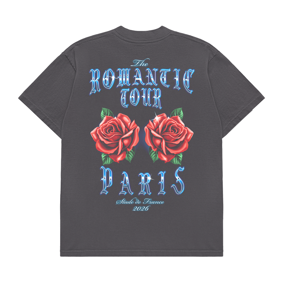 Gray unisex tee with The Romantic Tour Paris text art on back.