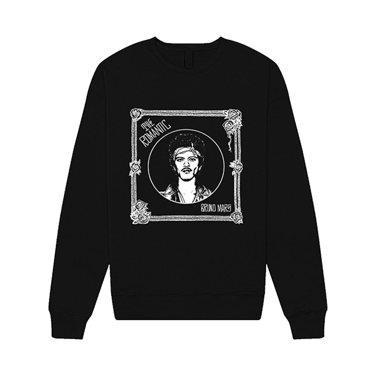 THE ROMANTIC ART PRINTED ON THE FRONT OF A BLACK DROP SHOULDER CREWNECK SWEATSHIRT, UNISEX FIT, 100% COTTON.