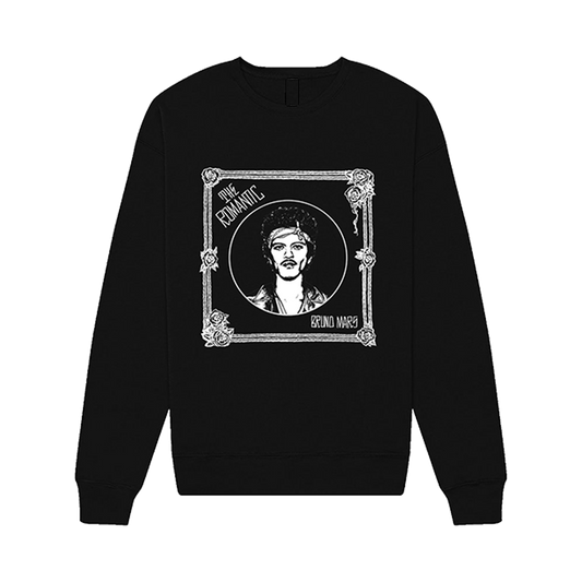 THE ROMANTIC ART PRINTED ON THE FRONT OF A BLACK DROP SHOULDER CREWNECK SWEATSHIRT, UNISEX FIT, 100% COTTON.