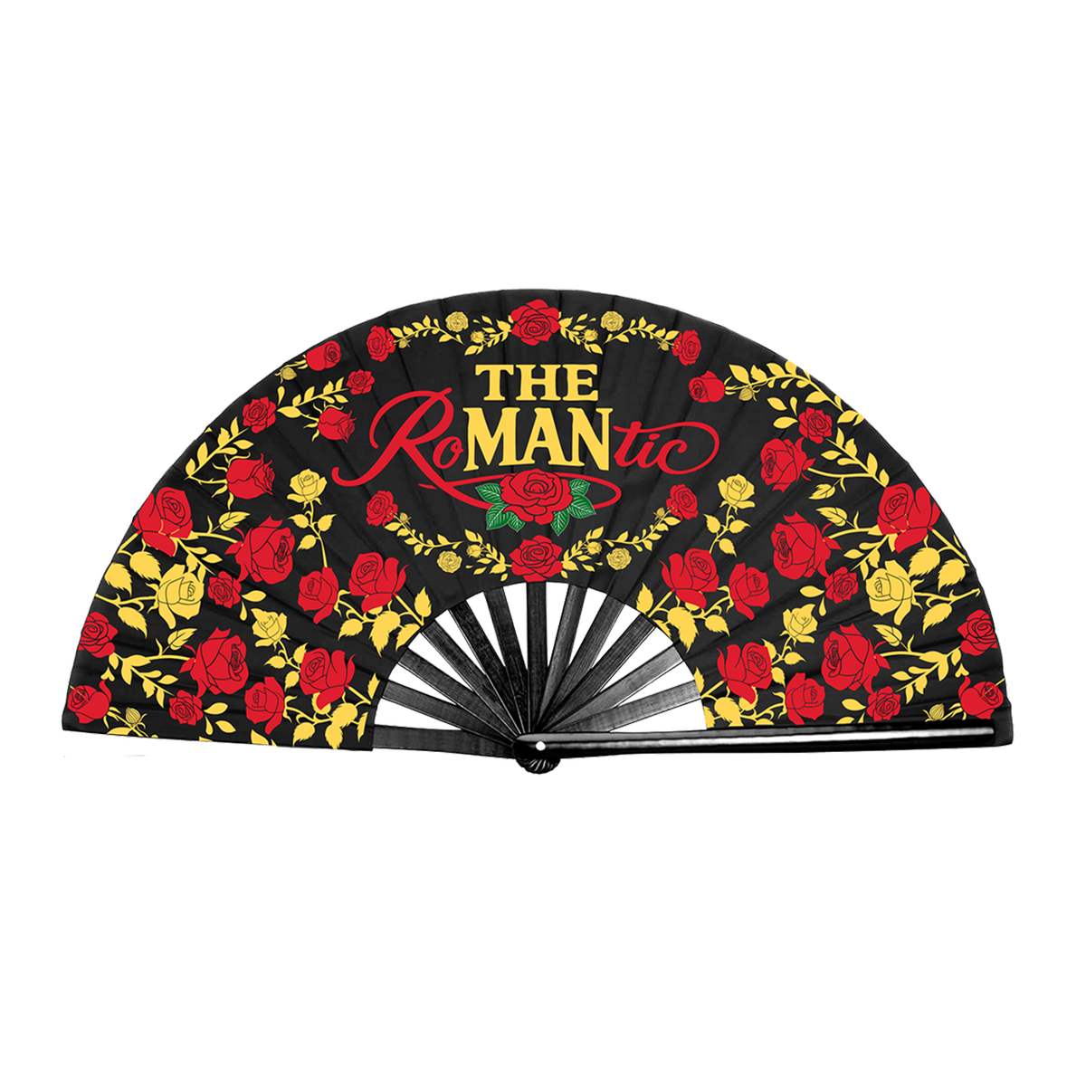 A folding hand fan with a black background printed with red and yellow roses, green leaves, and the text 'The Romantic' in red and yellow. The fan is shown partially open.