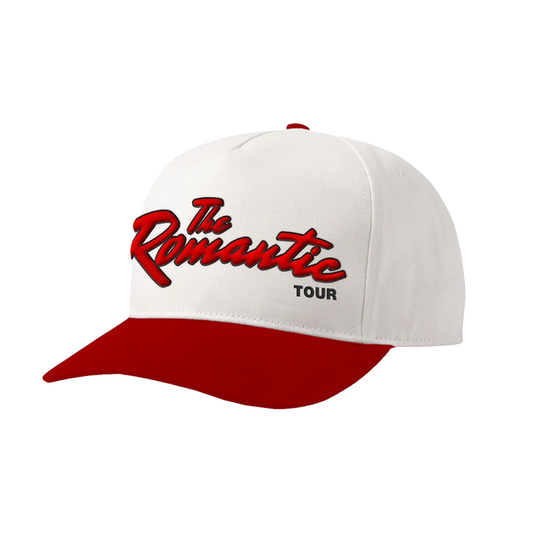 White and red cap with 'The Romantic Tour' text on front.