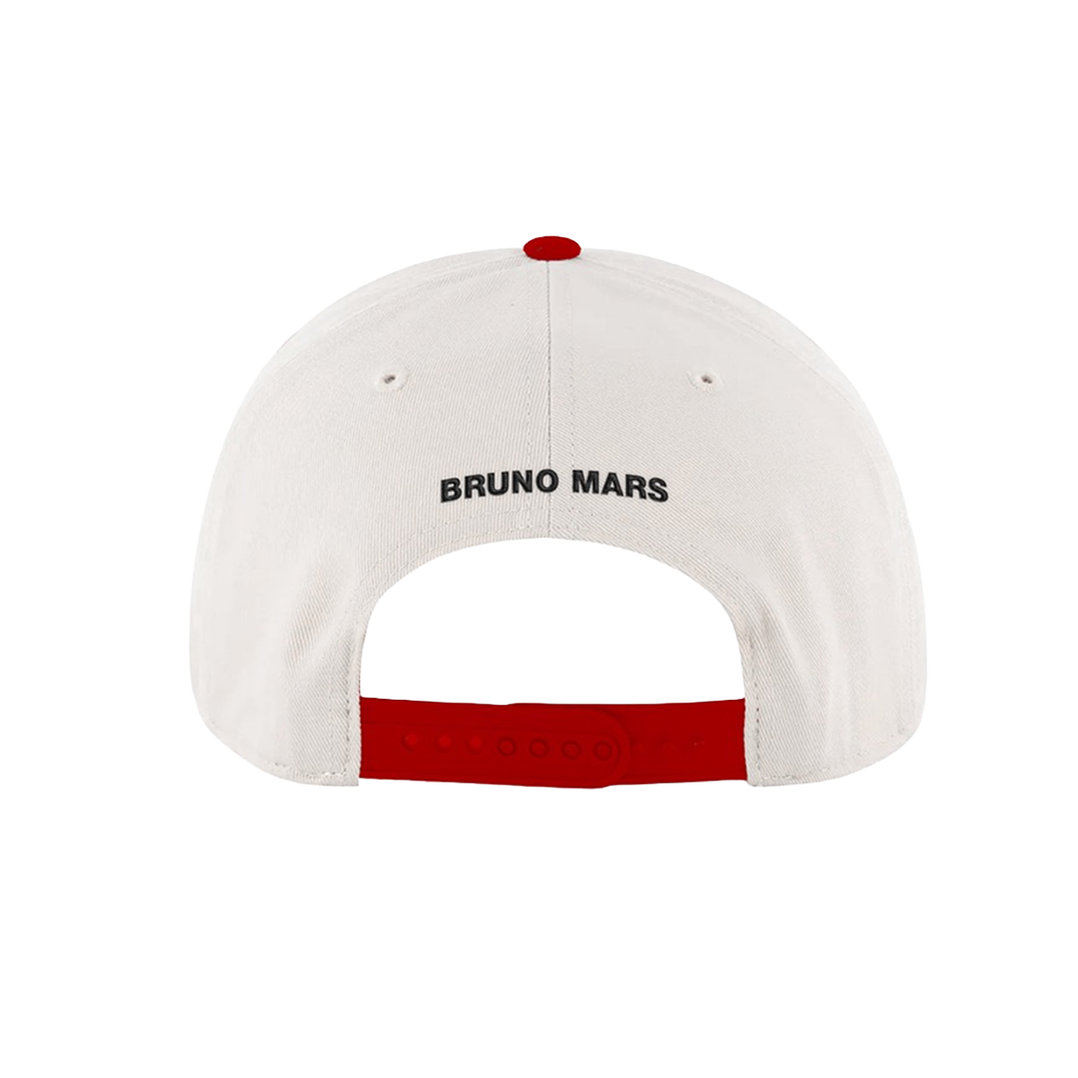 White cap with 'Bruno Mars' text art on back.