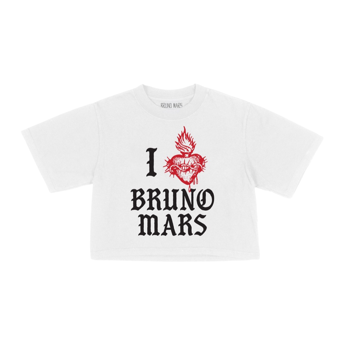 White cropped t-shirt with 'I ❤️ Bruno Mars' design on front.