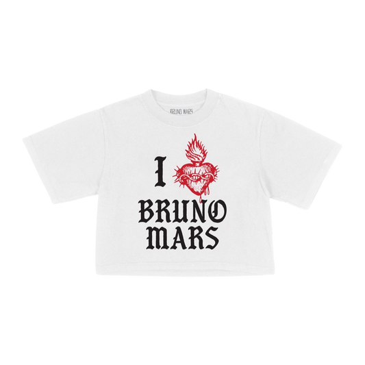 White cropped t-shirt with 'I ❤️ Bruno Mars' design on front.