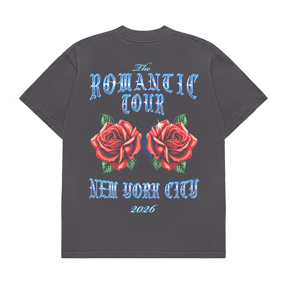 A dark gray t-shirt shown from the back, featuring a graphic print with two red roses, blue gothic-style text reading 'The ROMANTIC TOUR' and 'NEW YORK CITY 2026'.