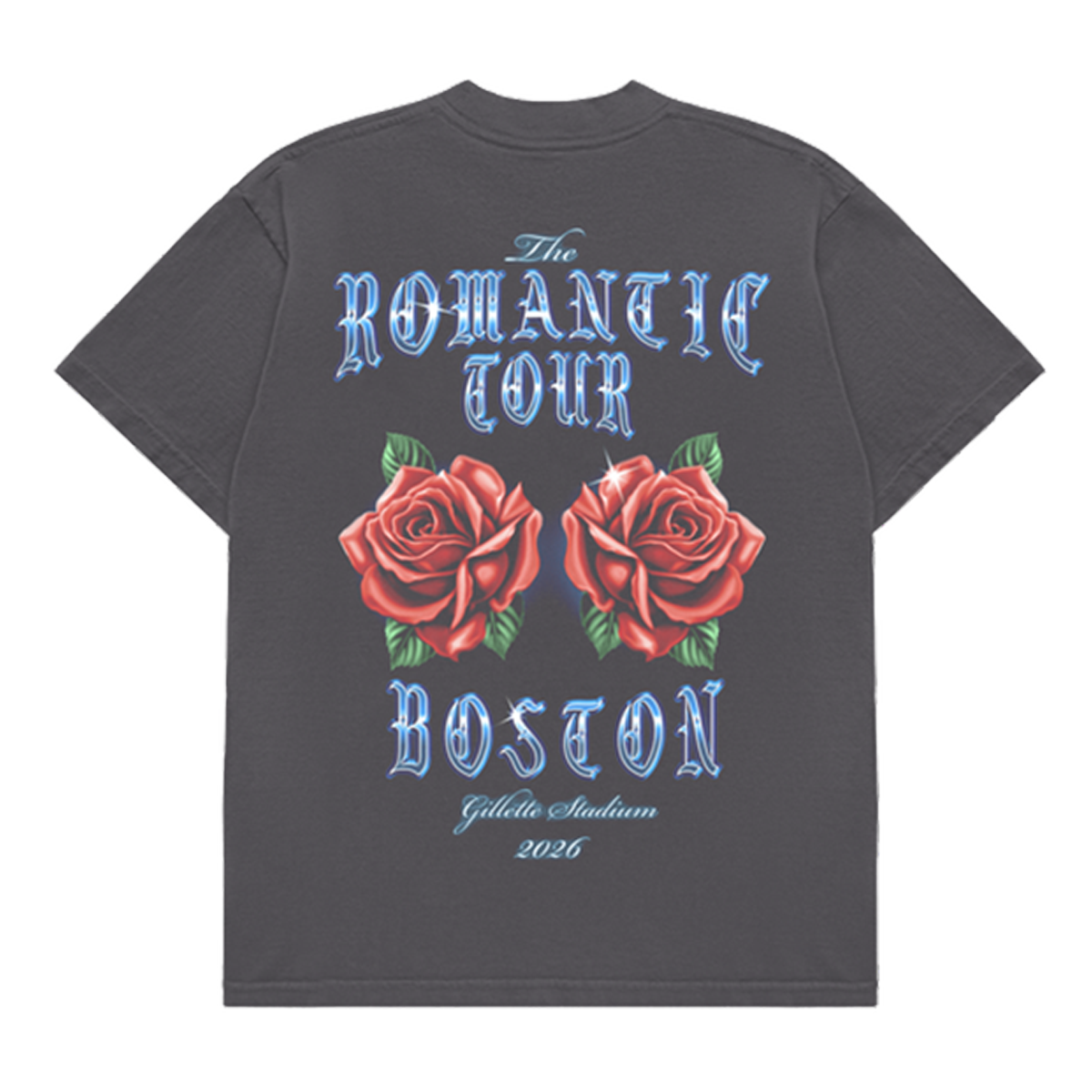 A dark gray short-sleeve t-shirt shown from the back, featuring a graphic print with two red roses, green leaves, and blue gothic-style text reading 'The Romantic Tour Boston' and 'Gillette Stadium 2026'.
