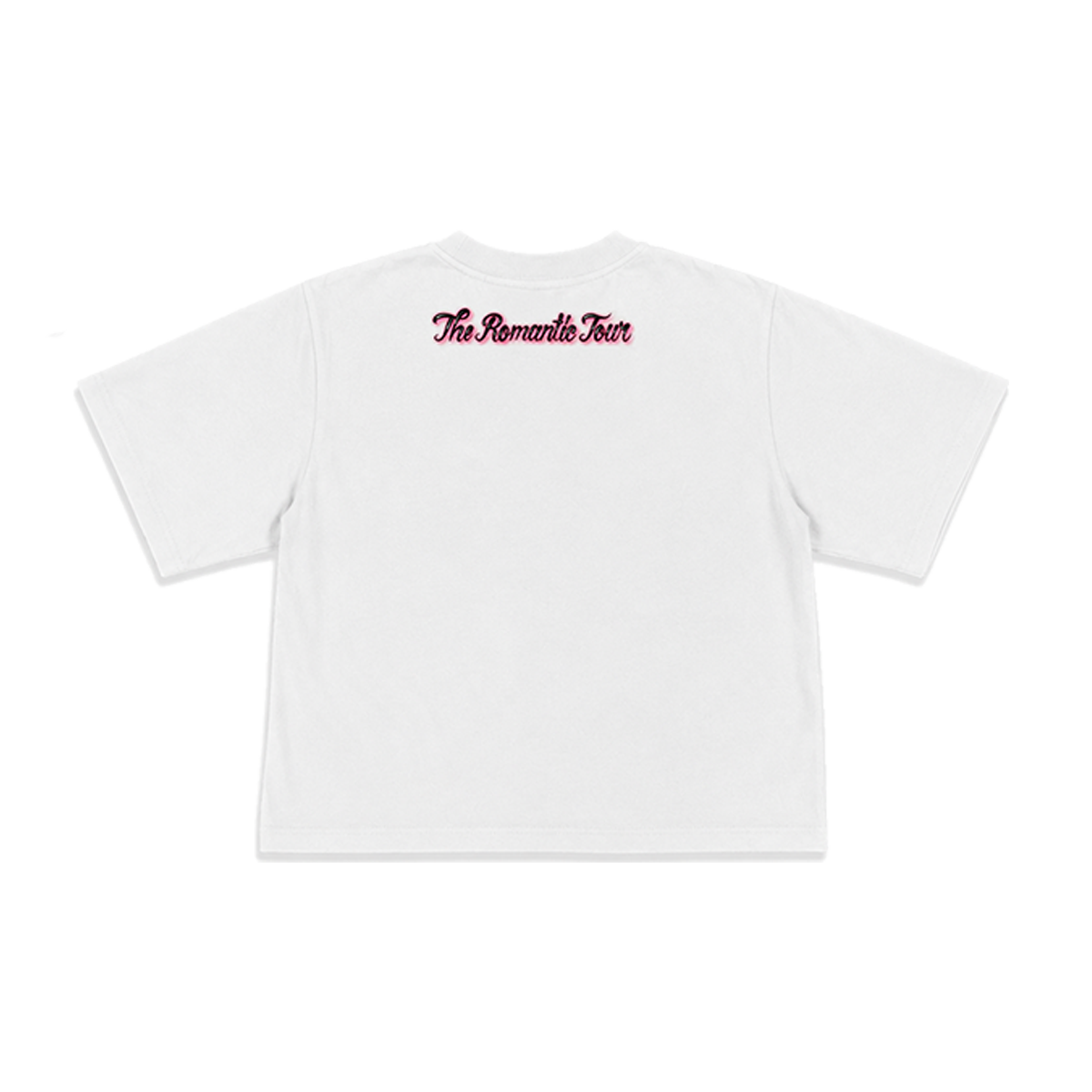 A white short-sleeve t-shirt shown from the back, featuring the text 'The Romantic Tour' printed in a pink cursive font across the upper back.