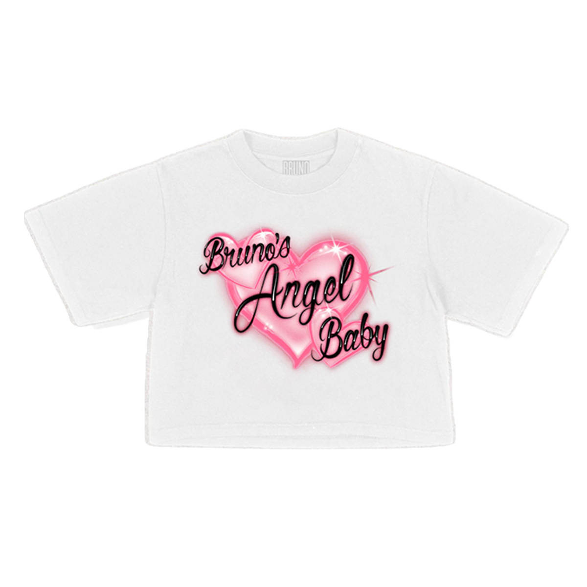 A white short-sleeve t-shirt, featuring the text 'Bruno's Angel Baby' printed in a black cursive font across large pink hearts.