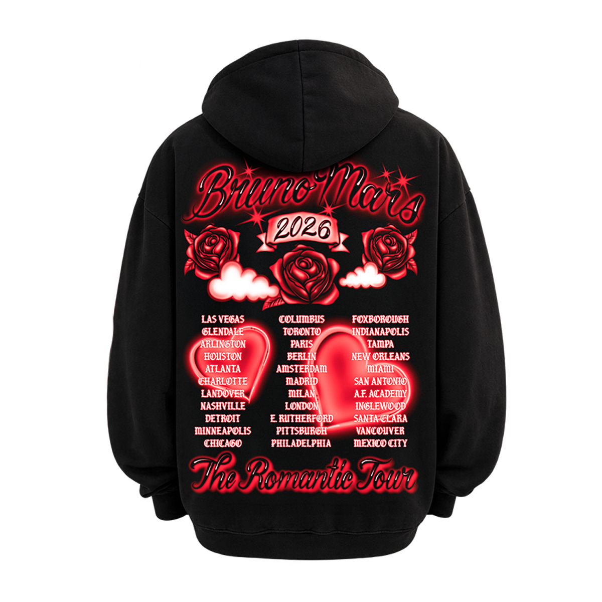 A black hoodie shown from the back, featuring a large red and white graphic print with the text 'Bruno Mars 2026', roses, clouds, and a list of tour cities arranged around two red hearts. 