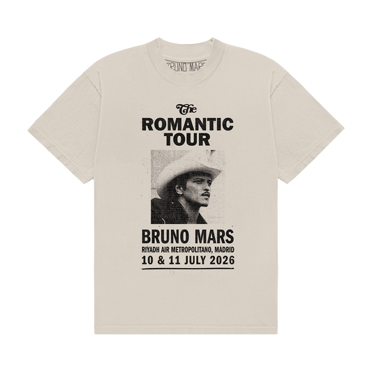 BRUNO MARS MADRID EVENT ART PRINTED ON THE FRONT OF AN IVORY UNISEX TEE.