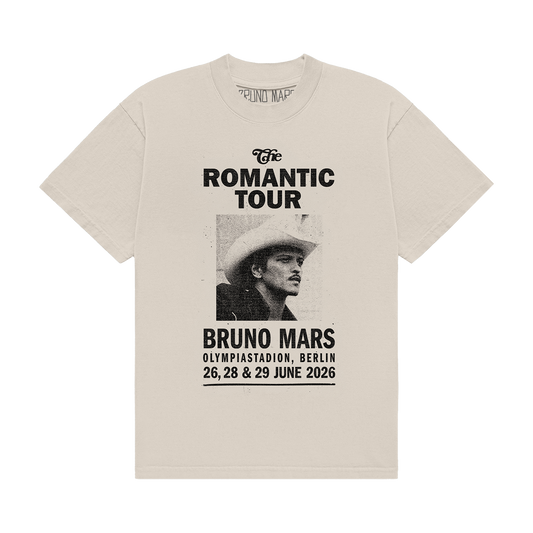 BRUNO MARS BERLIN EVENT ART PRINTED ON THE FRONT OF AN IVORY UNISEX TEE.