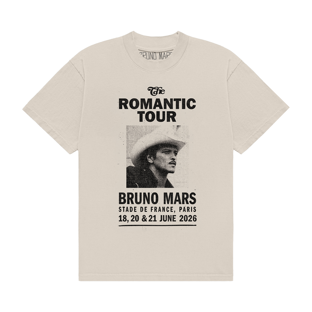 BRUNO MARS PARIS EVENT ART PRINTED ON THE FRONT OF AN IVORY UNISEX TEE.