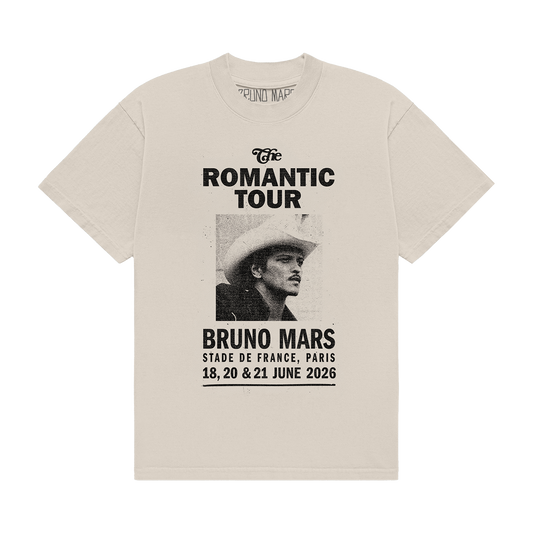 BRUNO MARS PARIS EVENT ART PRINTED ON THE FRONT OF AN IVORY UNISEX TEE.